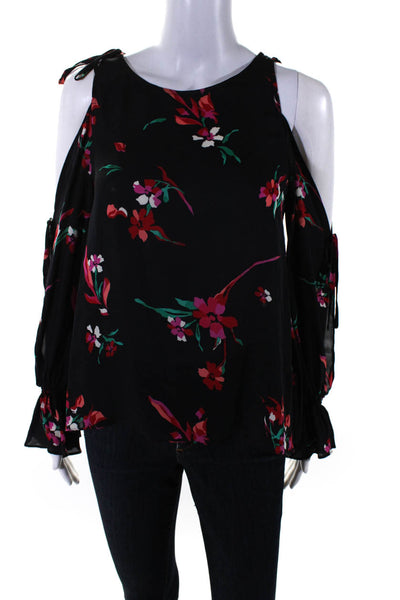 Joie Womens Silk Floral Cold Shoulder Tied Flounce Sleeve Blouse Black Size S