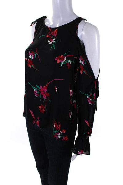 Joie Womens Silk Floral Cold Shoulder Tied Flounce Sleeve Blouse Black Size S