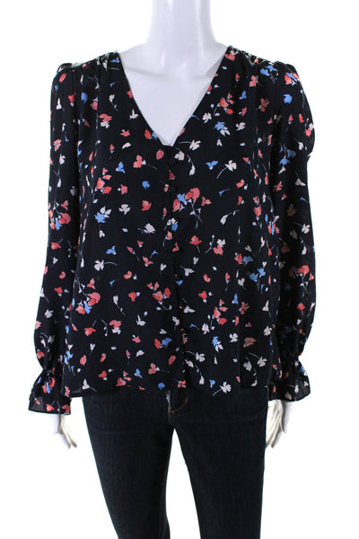 Joie Womens Floral Print V-Neck Buttoned Flounce Sleeve Blouse Blue Size S