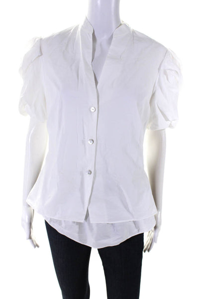 Vince Womens Cotton Short Puff Sleeve V-Neck Button Up Shirt Blouse White Size 4