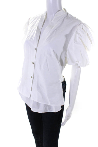 Vince Womens Cotton Short Puff Sleeve V-Neck Button Up Shirt Blouse White Size 4