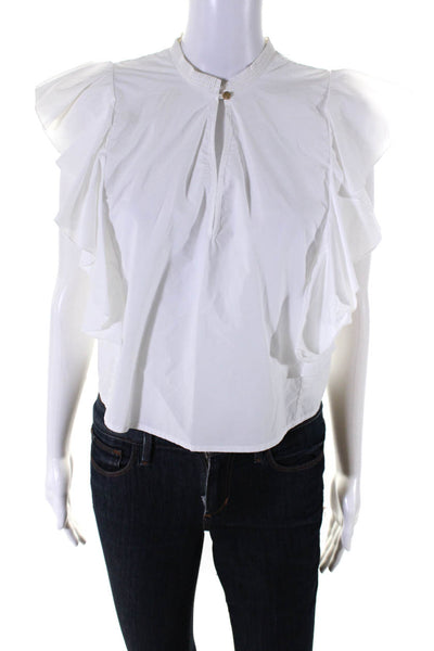 Bird & Knoll Womens Cotton Ruffled Short Sleeve Keyhole Front Top White Size S