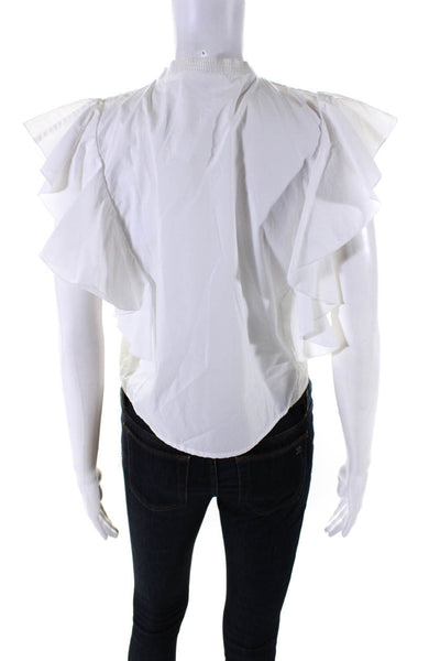 Bird & Knoll Womens Cotton Ruffled Short Sleeve Keyhole Front Top White Size S