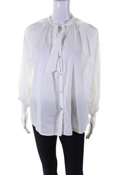 Mahsa Womens Cotton Long Sleeve Tie Neck Button Down Blouse Top White Size XS