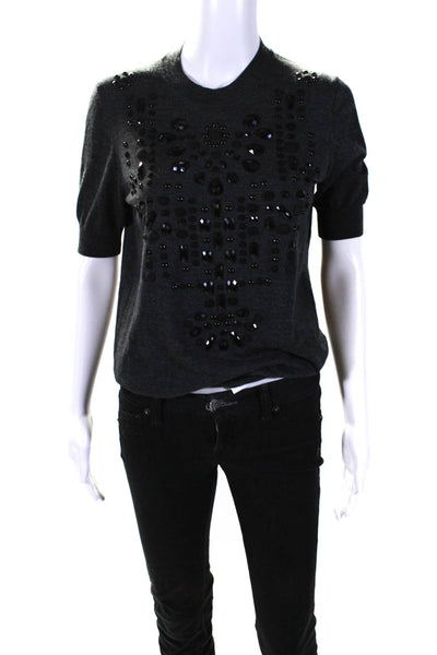 Lanvin Womens Wool Rhinestone Embellished Crewneck Knit Shirt Dark Gray Size L