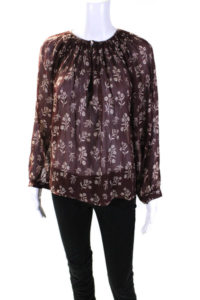 Nili Lotan Womens Silk Crepe Floral Print Keyhole Front Blouse Top Brown Size M