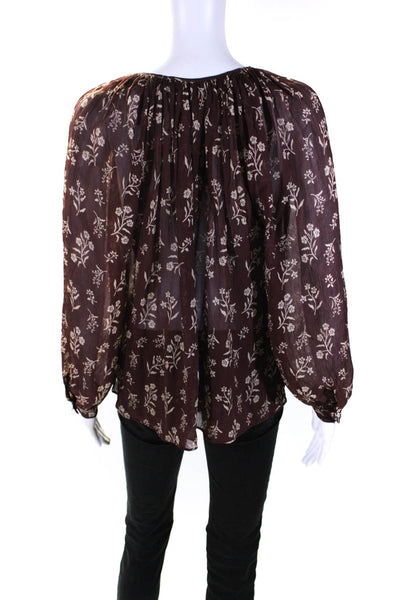 Nili Lotan Womens Silk Crepe Floral Print Keyhole Front Blouse Top Brown Size M