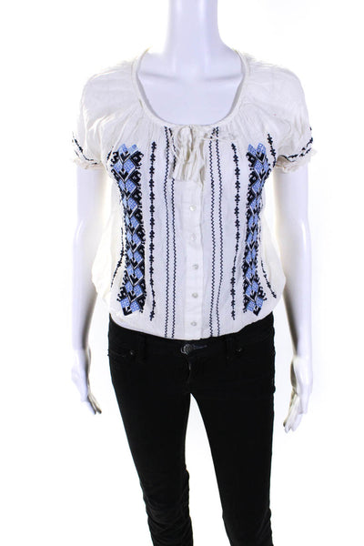 Joie Womens Cotton Embroidered Geometric Short Sleeve Blouse Top White Size XS