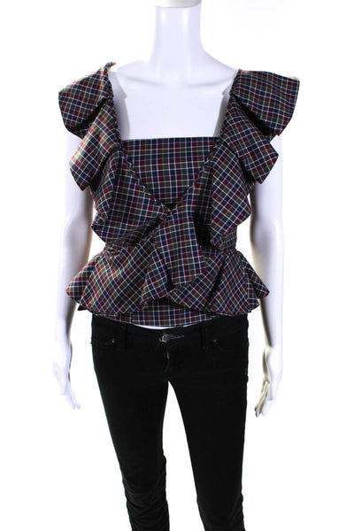 Petersyn Womens Cotton Check Print Ruffled Zipped Blouse Top Red Size XS