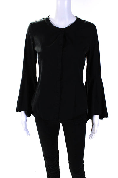 Milly Womens Long Bell Sleeves Button Down Shirt Black Cotton Size 4