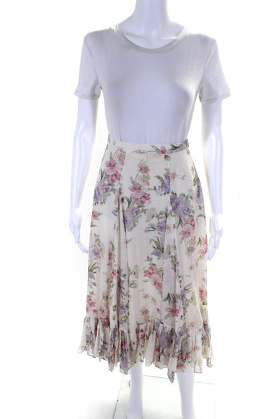 Love Shack Fancy Womens Cream Silk Floral Ruffle Midi A-Line Skirt Size 00