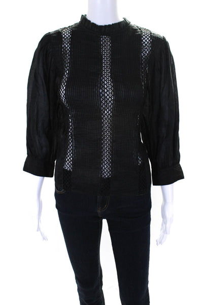 Frame Womens Black Cut Out Ruffle Crew Neck Long Sleeve Blouse Top Size XS