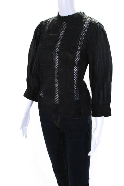 Frame Womens Black Cut Out Ruffle Crew Neck Long Sleeve Blouse Top Size XS