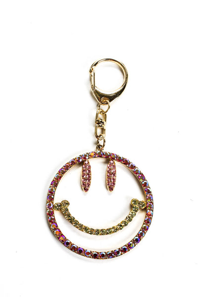 Designer Womens Gold Tone Yellow Enamel Multicolored Crystal Happy Face Keychain
