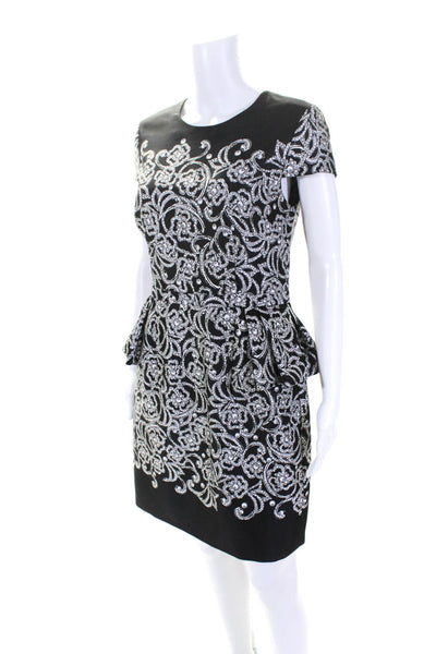 Cynthia Steffe Womens Crystal Pearl Print Ruffle Satin Dress Black White Size 6