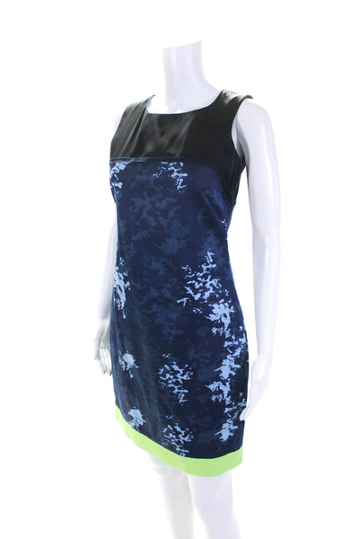 Tahari Womens Back Zip Satin Trim Abstract Shift Dress Navy Green Cotton Size 2