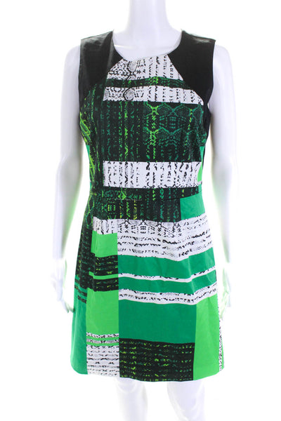 Kenneth Cole Womens Back Zip Crew Neck Abstract Dress Green Black Cotton Size 6