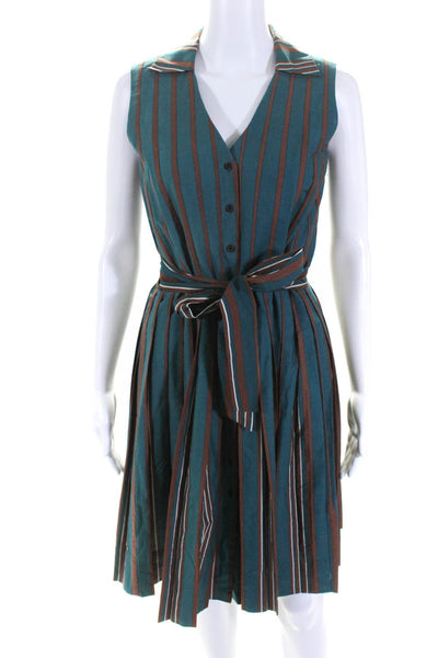 BCBGMAXAZRIA Womens Button Front Belted Striped Dress Green Brown Cotton Size 4