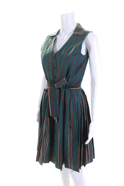 BCBGMAXAZRIA Womens Button Front Belted Striped Dress Green Brown Cotton Size 4