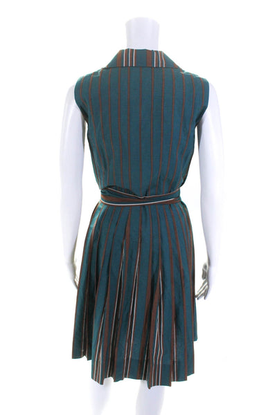 BCBGMAXAZRIA Womens Button Front Belted Striped Dress Green Brown Cotton Size 4