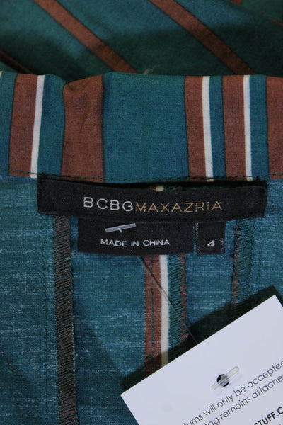 BCBGMAXAZRIA Womens Button Front Belted Striped Dress Green Brown Cotton Size 4