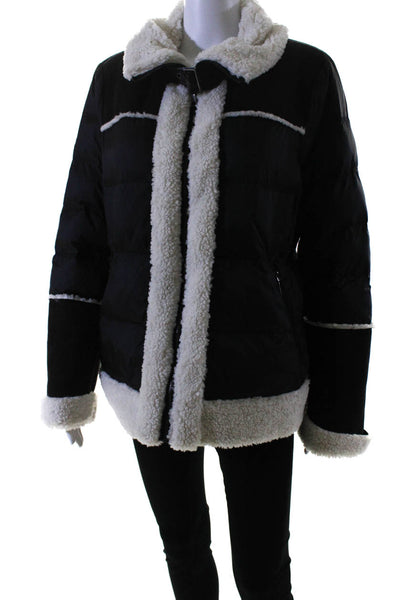 Tahari Womens Front ZIp Quilted Faux Shearling Trim Jacket Black White Large