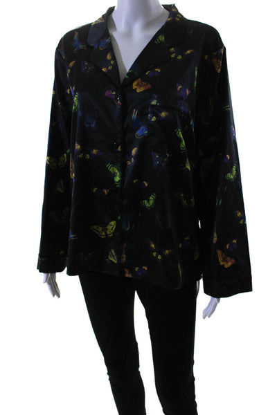 Generation Love Womens Button Front Collared Satin Butterfly Shirt Black Large