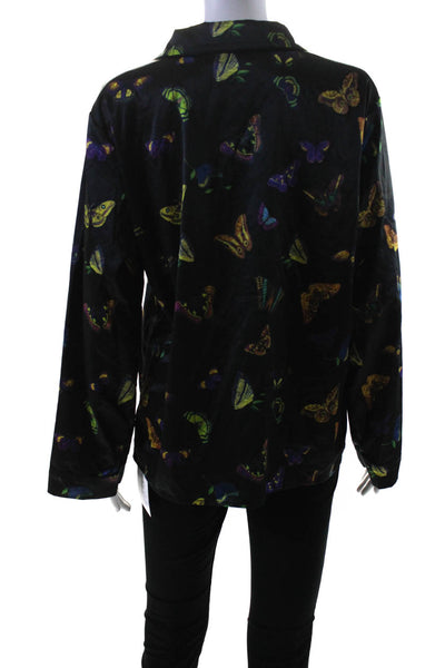 Generation Love Womens Button Front Collared Satin Butterfly Shirt Black Large