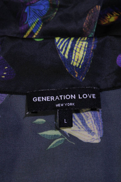 Generation Love Womens Button Front Collared Satin Butterfly Shirt Black Large