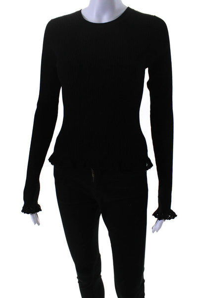 Autumn Cashmere Womens Long Sleeve Crew Neck Ribbed Top Black Size Small