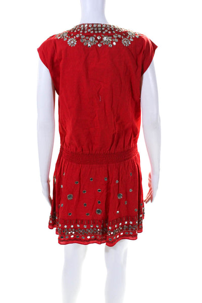 Alice + Olivia Womens Cotton Bead V-Neck Sleeveless Mini Dress Orange Size 4