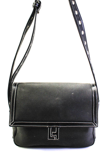 Lambertson Truex Womens Leather Trim Grommet Flap Shoulder Handbag Black