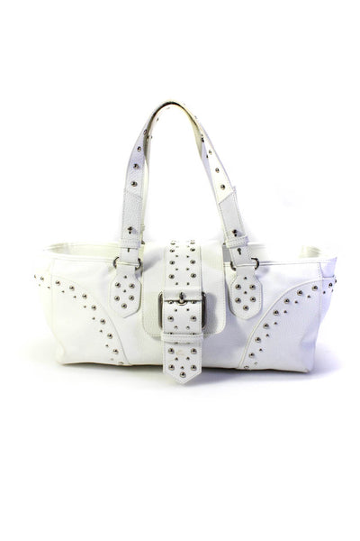 Anne Fontaine Womens Leather Silver Tone Studded Tote Shoulder Handbag White
