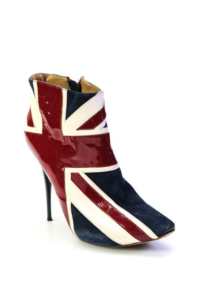 McQ Womens Suede London Flag Almond Toe Stiletto Ankle Boots Blue Red Size 7US