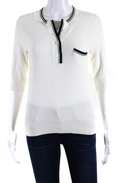 Veronica Beard Womens White Waffle Knit Henley Short Sleeve Blouse Top Size S