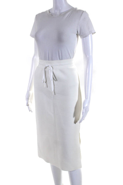 DKNY Womens Solid White Ribbed Drawstring Slit Midi Skirt Size S