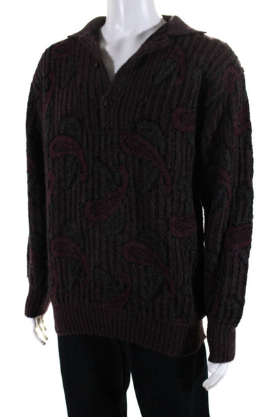 Saks Fifth Avenue Mens Paisley Print Knit Henley Sweater Purple Gray Size Large