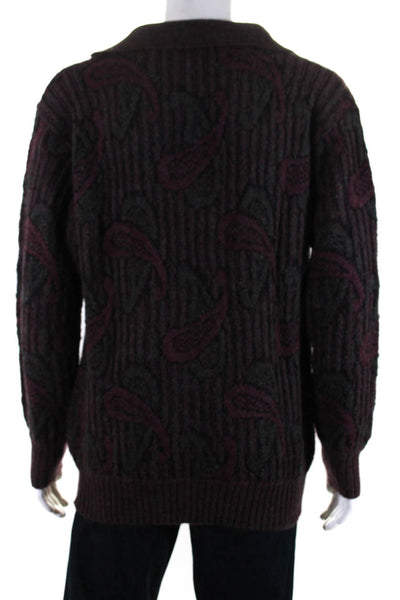 Saks Fifth Avenue Mens Paisley Print Knit Henley Sweater Purple Gray Size Large