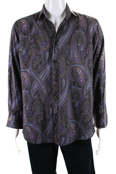 Etro Mens Button Front Collared Paisley Print Slim Fit Shirt Purple Gray Size 42