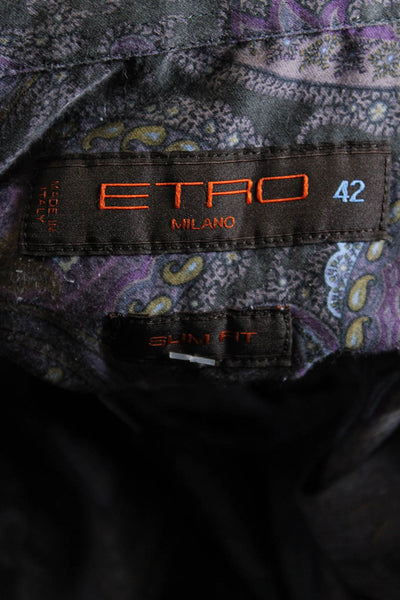 Etro Mens Button Front Collared Paisley Print Slim Fit Shirt Purple Gray Size 42