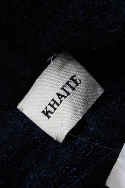 Khaite Womens Blue Fuzzy Silk Turtleneck 3/4 Sleeve Poncho Sweater Top Size S