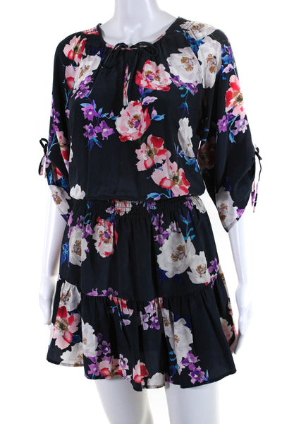 Yumi Kim Womens Silk Floral Print Ruched Empire Waist V-Neck Dress Navy Size S