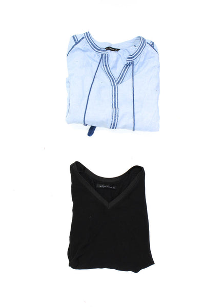 Zara Womens Light Blue Stitched V-Neck Long Sleeve Blouse Top Size L M lot 2
