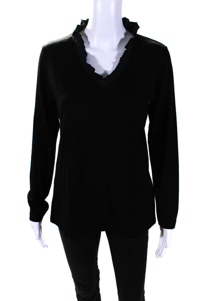 Whyci Milano Womens 100% Wool Pleated V Neck Long Sleeved Blouse Black Size 44