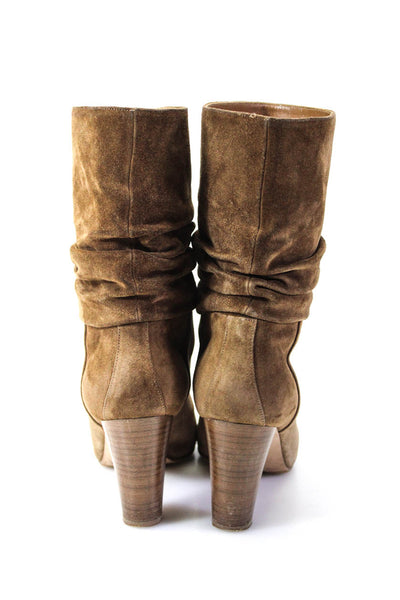 Manolo Blahnik Womens Brown Suede Ruched Heels Midi Boots Shoes Size 7.5