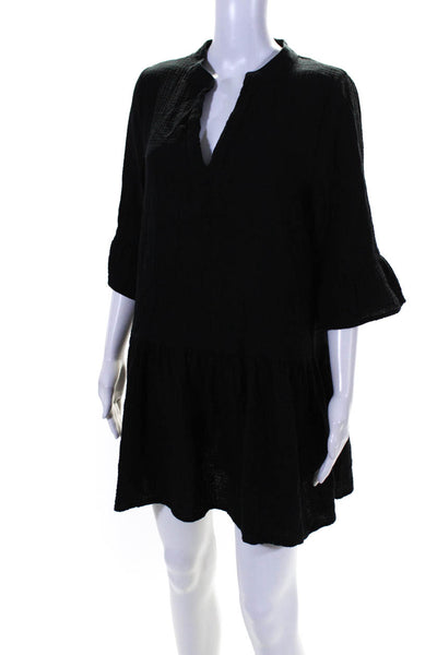 Monrow Womens Cotton V-Neck Long Sleeve Tiered Short Shift Dress Black Size M