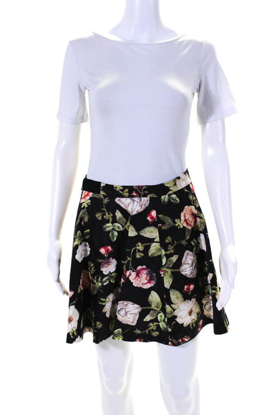 Alice + Olivia Womens Cotton Floral Print Zip Up Flare Skirt Black Size 2