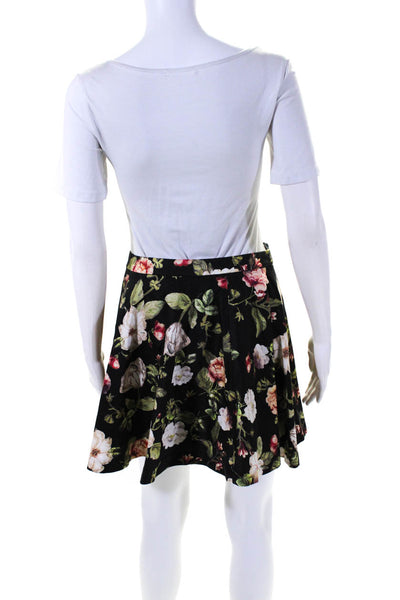 Alice + Olivia Womens Cotton Floral Print Zip Up Flare Skirt Black Size 2