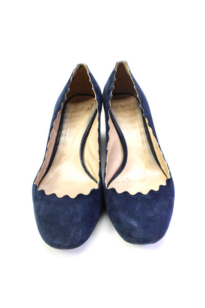 Chloe Womens Suede Wavy Trim Round Toe Slip On Heels Pumps Navy Size 38.5 8.5