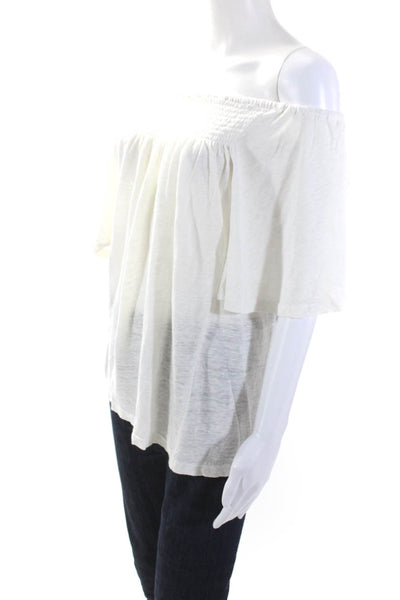 YFB Womens Linen Jersey Knit Smocked Neckline Flutter Sleeve Top White Size S